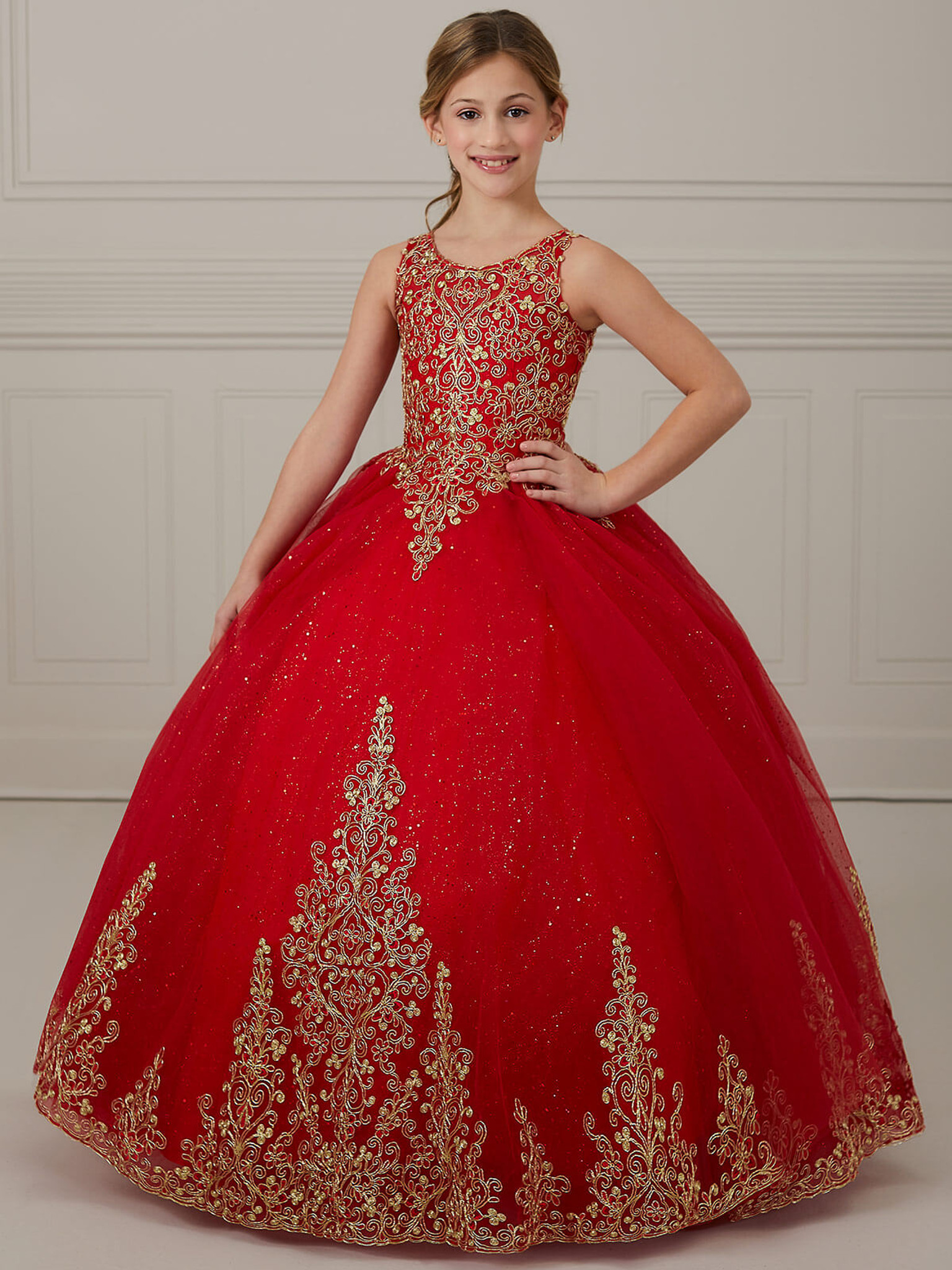 Style 13364 Tiffany Designs Girls Size 2 Sequined Red Ball Gown on Queenly