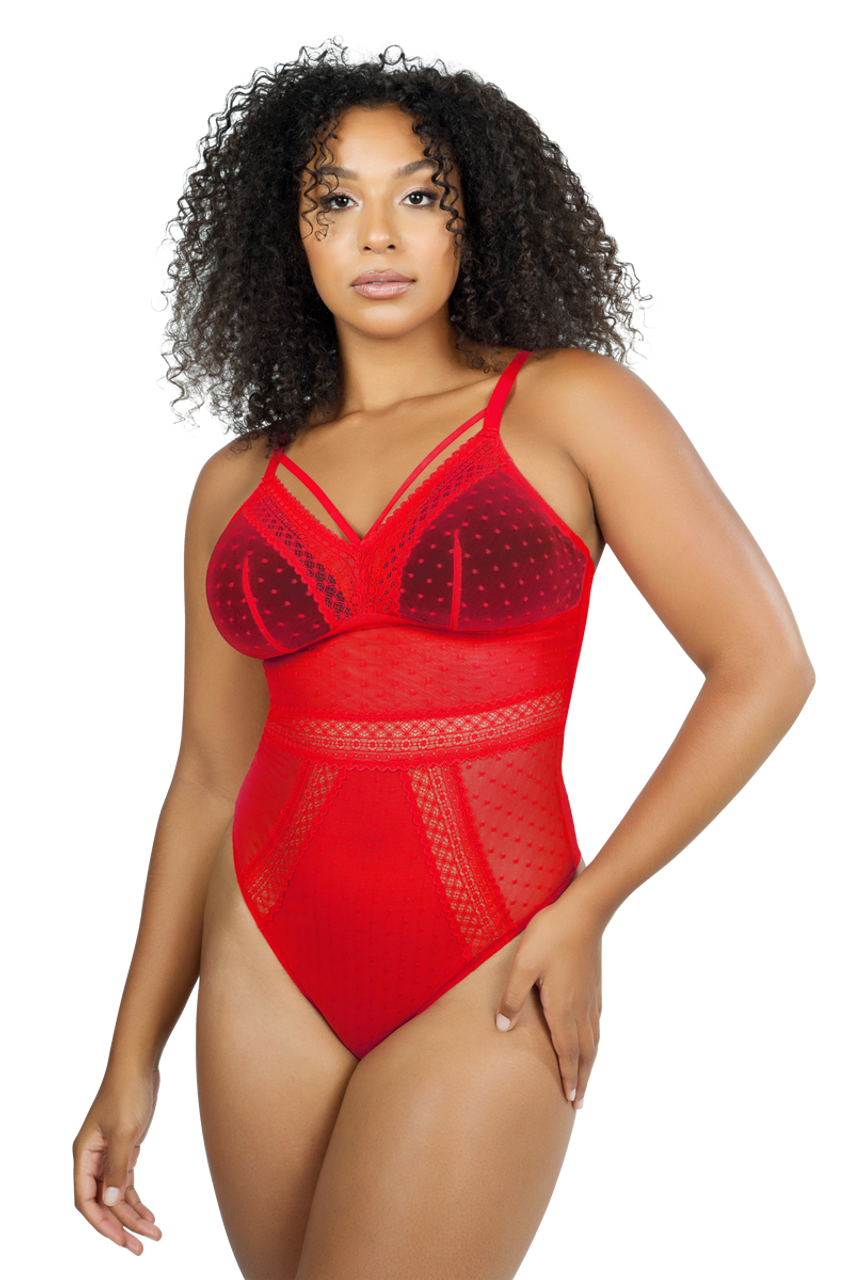 Padded-cup Lace Thong Bodysuit - Red - Ladies
