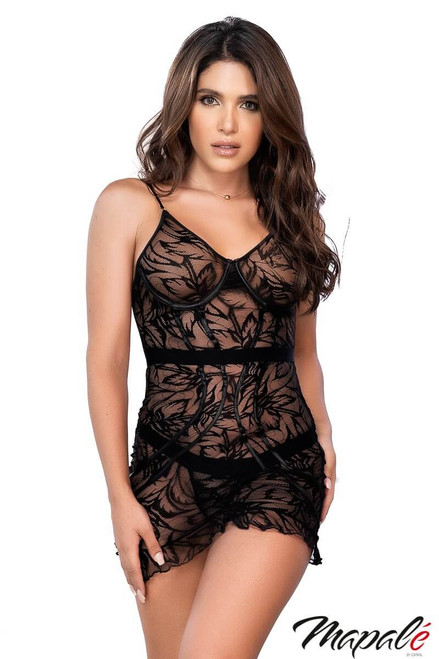 Mapale Sheer Lace Babydoll with Underwire Cups & Matching G-String 7358