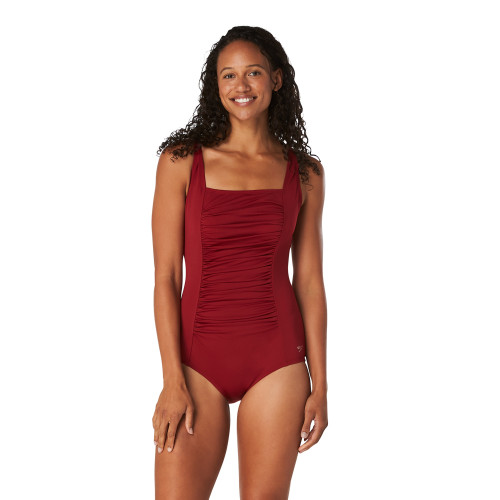 Speedo Adjustable Solid Shirred Tank One Piece Swimsuit 800271201