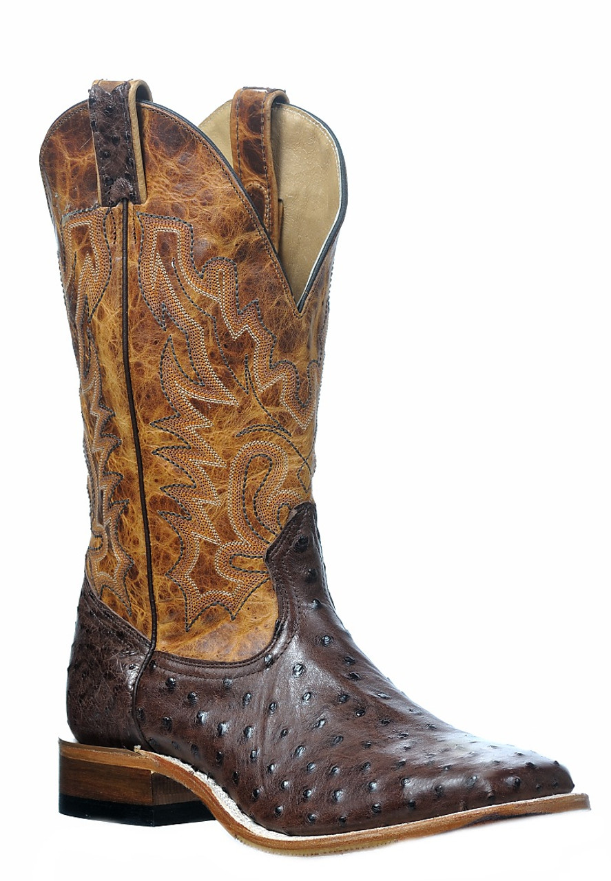 Men's Boulet 0581 Chocolate and Cognac Full Quill Ostrich with Hybrid Sole,  Wide Square Toe, and Stockman Heel - Medora Boot and Western Wear