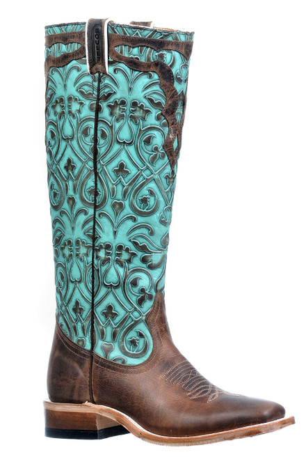 Women's Boulet 2945 Brown and Turquoise Embossed Stovetop with Wide Square Toe and Stockman Heel