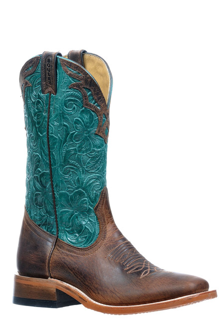 Women's Boulet 2964 Turquoise and Chocolate with Rubber Sole, Wide Square Toe, and Stockman Heel