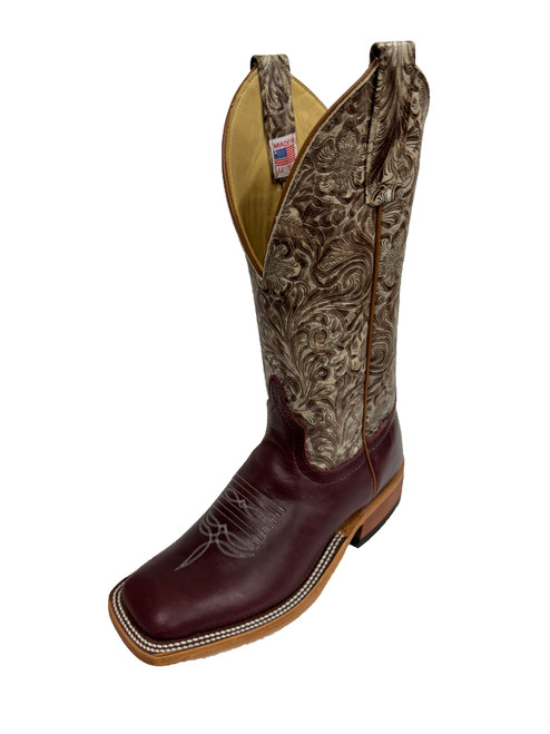 Women's Anderson Bean 0765 Embossed Tan and Burgundy with Hybrid Sole, Wide Square Toe, and Roper Heel Women's Anderson Bean 0765 Embossed Tan and Burgundy with Hybrid Sole, Wide Square Toe, and Roper Heel