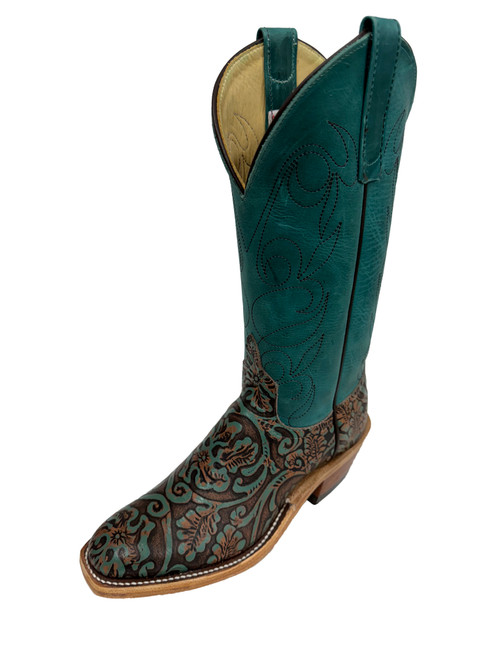 Women's Anderson Bean 1677 Teal Tooled with Hybrid Sole, Round Toe, and Riding Heel Women's Anderson Bean 1677 Teal Tooled with Hybrid Sole, Round Toe, and Riding Heel