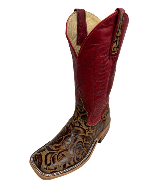 Women's Anderson Bean 2117 Tooled Tan with Hybrid Sole, Wide Square Toe, and Roper Heel