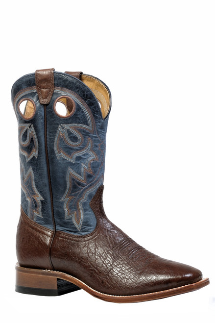 Men's Boulet 4506 Chocolate and Blue Smooth Ostrich with Wide Square Toe and Stockman Heel