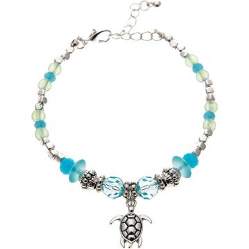 Silver Aqua Turtle Charm Lobster Bracelet