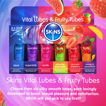 Skins Fruity +Vital Lube | 6 x 12ml Tubes | Sensation Silicone Aqua Water based Sex Lube