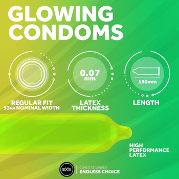 Exs Glow in The Dark Condoms Pack 100 | Latex Silicone Lubricated Vegan