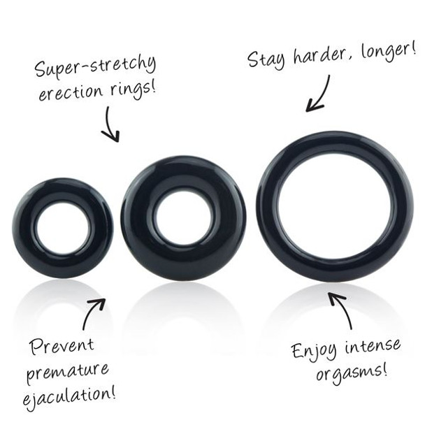 Screaming O RingO x 3 Black Penis Cock Ring, 3 Size Sensations Erection Reusable