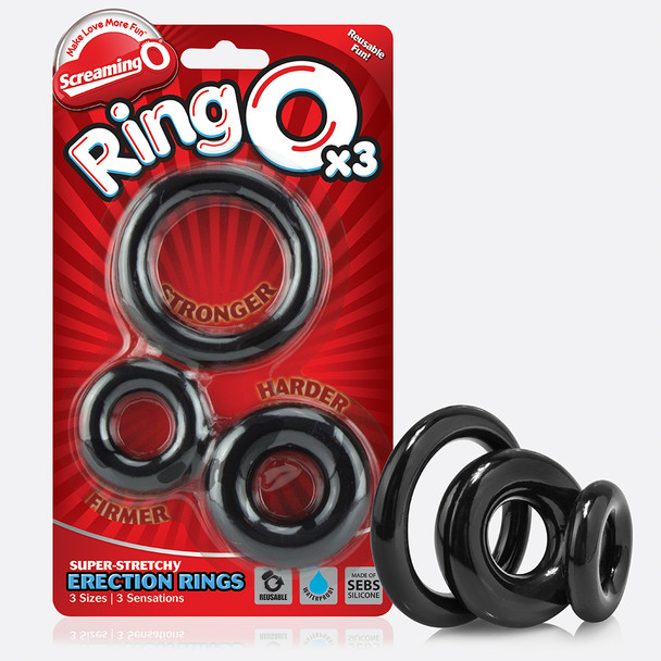 Screaming O RingO x 3 Black Penis Cock Ring, 3 Size Sensations Erection Reusable