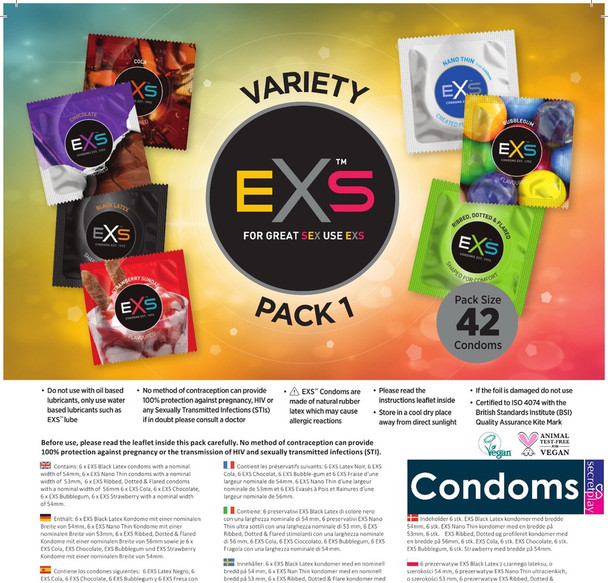 42 x Exs Variety Condoms Pack | Black Latex Nano Thin Ribbed Dotted Flavoured Condoms
