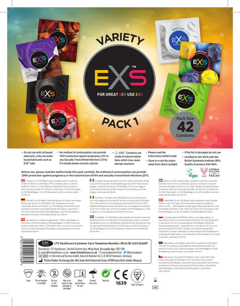 42 x Exs Variety Condoms Pack | Black Latex Nano Thin Ribbed Dotted Flavoured Condoms
