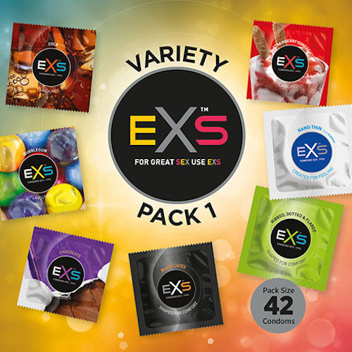 Exs Variety Pack 1 Condoms Box of 48  | Black Latex Nano Thin Ribbed Dotted Flavoured Condoms
