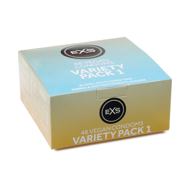 Exs Variety Pack 1 Condoms Box of 48  | Black Latex Nano Thin Ribbed Dotted Flavoured Condoms