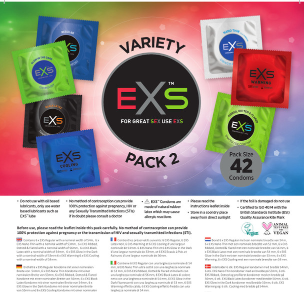 42 x Exs Variety Condoms Pack | Nano Thin Ribbed Dotted Regular Warming Cooling Black