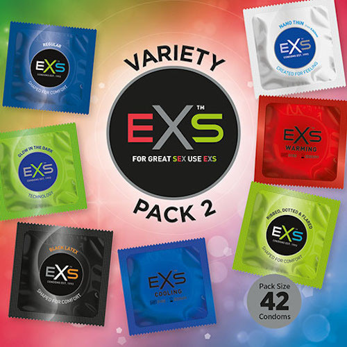 42 x Exs Variety Pack 2 Condoms Box of 48  | Nano Thin Ribbed Dotted Regular Warming Cooling Black