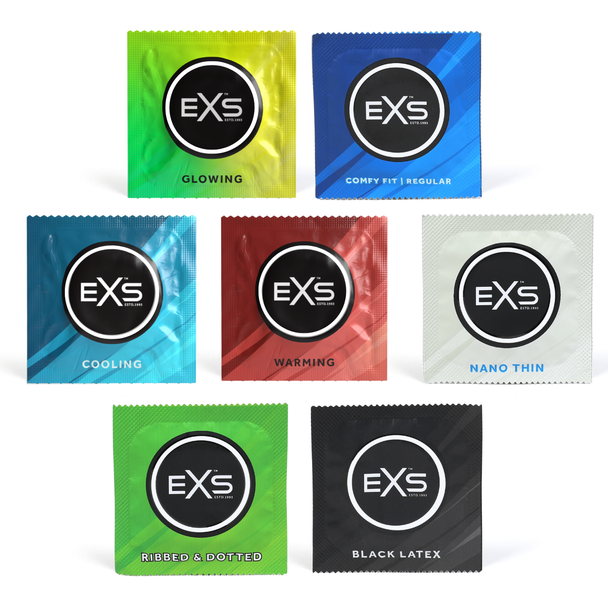 42 x Exs Variety Pack 2 Condoms Box of 48  | Nano Thin Ribbed Dotted Regular Warming Cooling Black