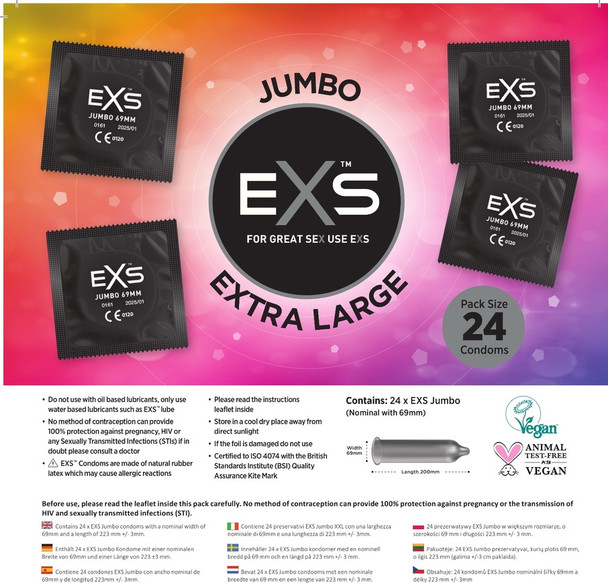 24 x Exs Jumbo Extra Large Size Condoms | Nominal Width 69mm | Length: 221mm |