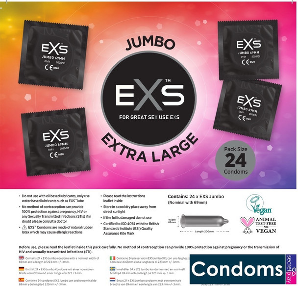 24 x Exs Jumbo Extra Large Size Condoms | Super King Size Nominal Width 69mm | Length: 221mm |