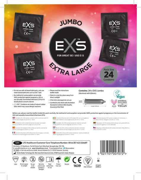 24 x Exs Jumbo Extra Large Size Condoms | Super King Size Nominal Width 69mm | Length: 221mm |