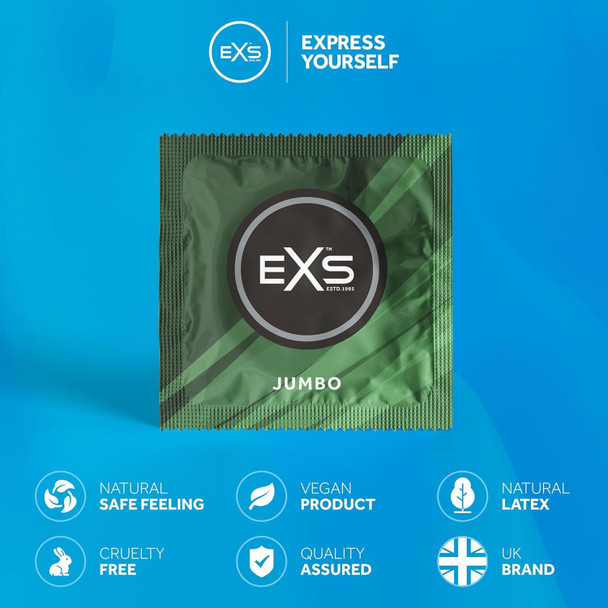 144 x Exs Jumbo Super King Size Condoms | Vegan | Width 69mm | Length 221mm | Biggest Size Condoms
