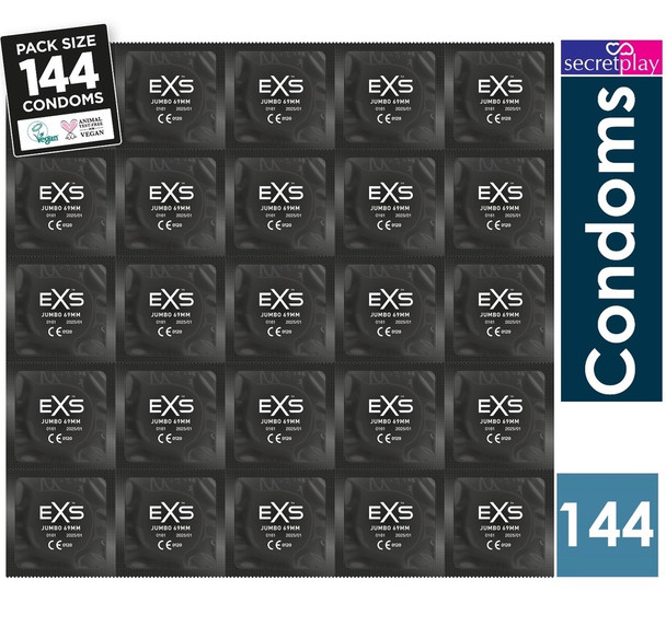 144 x Exs Jumbo Extra Large Size Condoms | Super King Size Vegan | Width 69mm | Length 221mm | Biggest Size Condoms