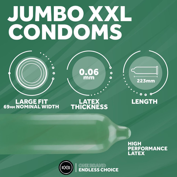 144 x Exs Jumbo Extra Large Size Condoms | Super King Size Vegan | Width 69mm | Length 221mm | Biggest Size Condoms