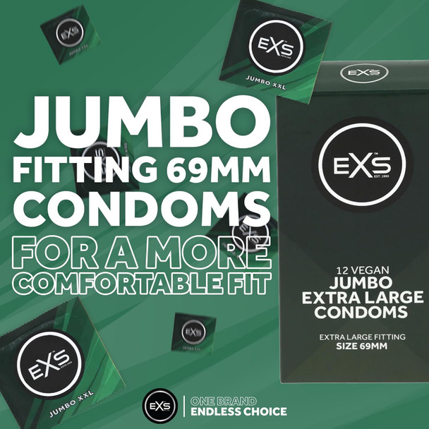 144 x Exs Jumbo Extra Large Size Condoms | Super King Size Vegan | Width 69mm | Length 221mm | Biggest Size Condoms