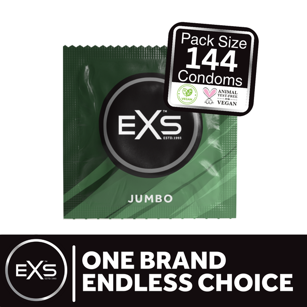 144 x Exs Jumbo Extra Large Size Condoms | Super King Size Vegan | Width 69mm | Length 221mm | Biggest Size Condoms