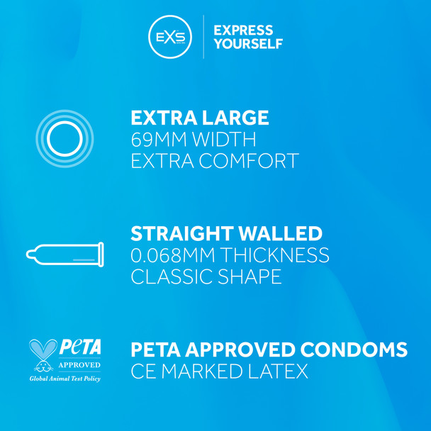 144 x Exs Jumbo Extra Large Size Condoms | Super King Size Vegan | Width 69mm | Length 221mm | Biggest Size Condoms