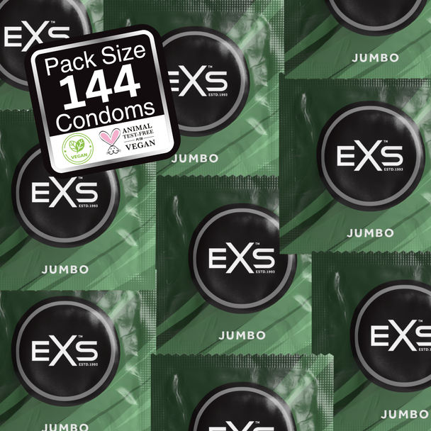 144 x Exs Jumbo Extra Large Size Condoms | Super King Size Vegan | Width 69mm | Length 221mm | Biggest Size Condoms