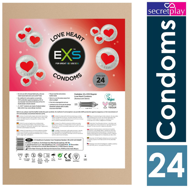 EXS Regular Love Heart Themed Vegan Condoms | Pack 24 | 54mm Nominal |