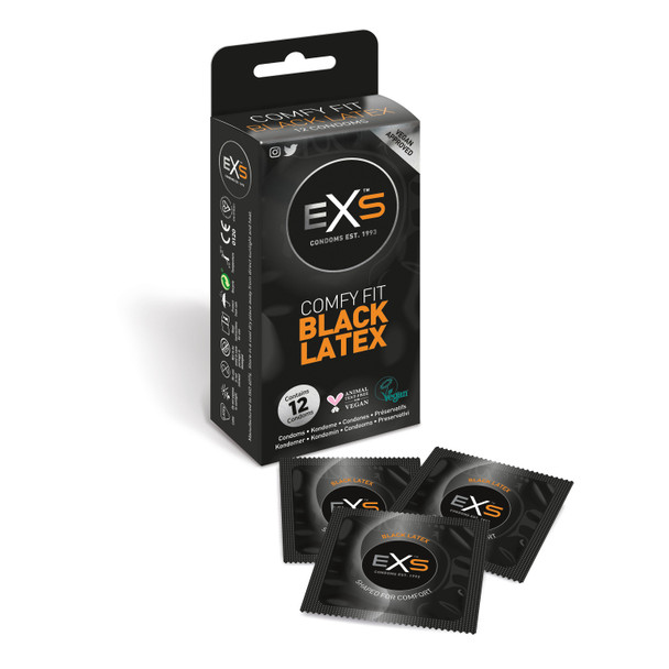 Exs Black Latex Condoms | Pack of 12 | Vegan Condoms | Black Coloured