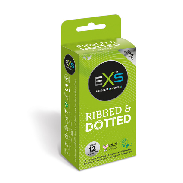 Exs Ribbed Dotted Flared Condoms | Pack of 12 | Vegan | Orgasmic Stimulation Condoms