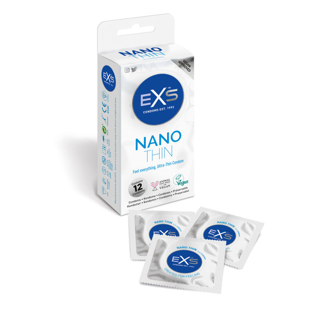 Exs Nano Thin Condoms | Pack of 12 | 0.045 mm Thickness Vegan Condoms |