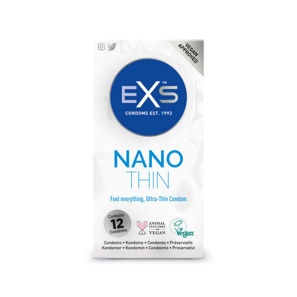 Exs Nano Thin Condoms | Pack of 12 | 0.045 mm Thickness Vegan Condoms |