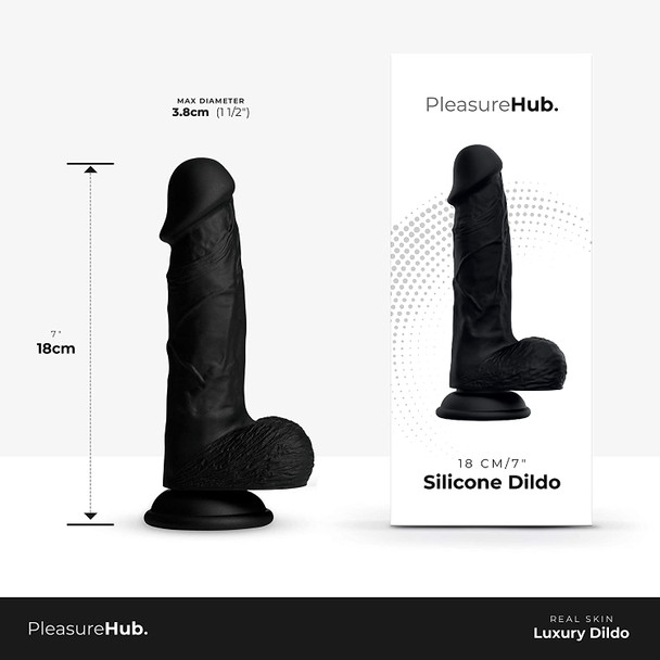 PleasureHub Realistic Silicone Dildo 7 Inches Dong | Black Real Skin Feel | With Suction Cup