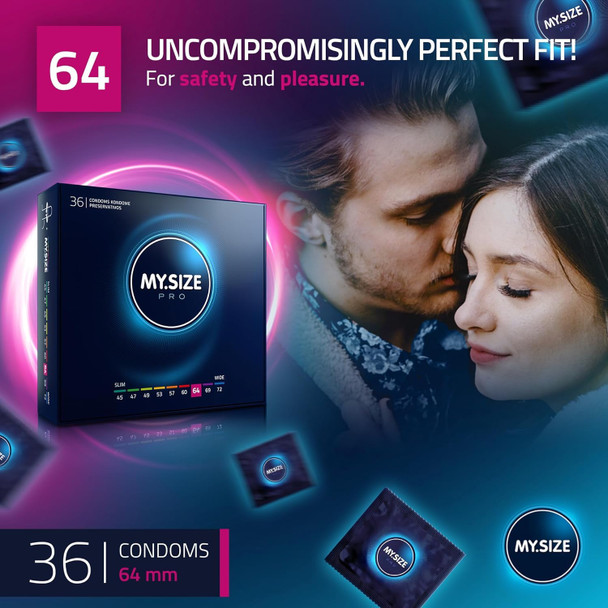 My Size Pro Condoms Pack of 36 | 64 mm | Vegan | Large Size Lubricated Latex Condoms| 