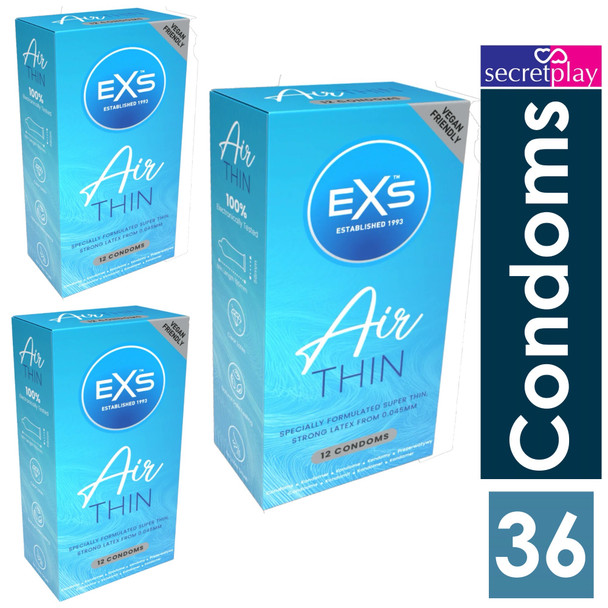 36 Exs Air Thin Condoms | 3 x Pack of 12 | 0.045 mm Thickness | Sensitive Latex Condoms |