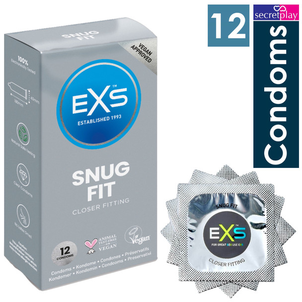 Exs Snug Fit Condoms Pack 12 | Smaller Size Tighter Trim Close Fit | Vegan Condoms 