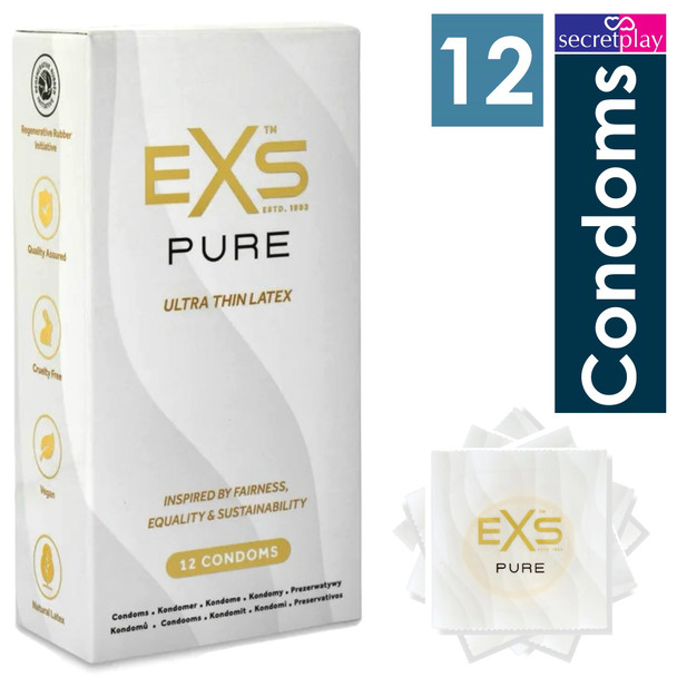 Exs Pure Condoms Box of 12 | Premium Ultra Thin Latex | Fully Sustainable Vegan