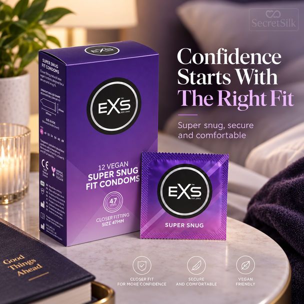 Exs Super Snug Fit Condoms 47mm Width Box of 12 | Smaller Size Tighter Trim Close
