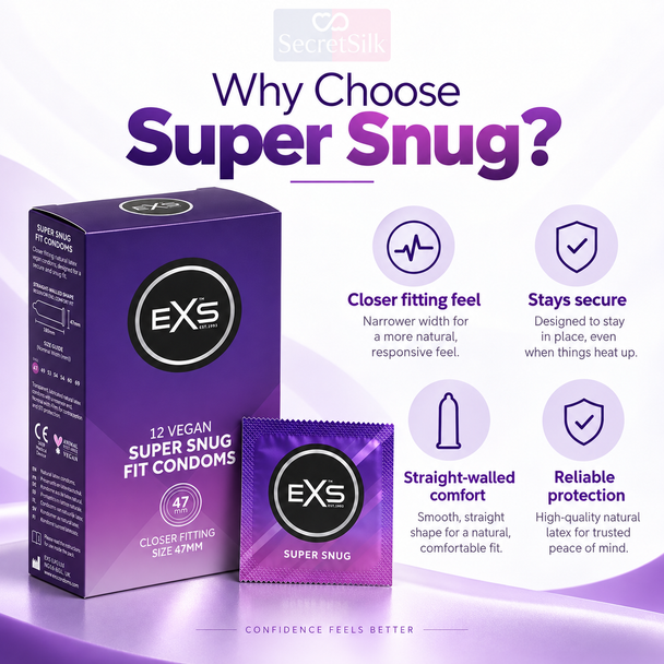 Exs Super Snug Fit Condoms 47mm Width Box of 12 | Smaller Size Tighter Trim Close