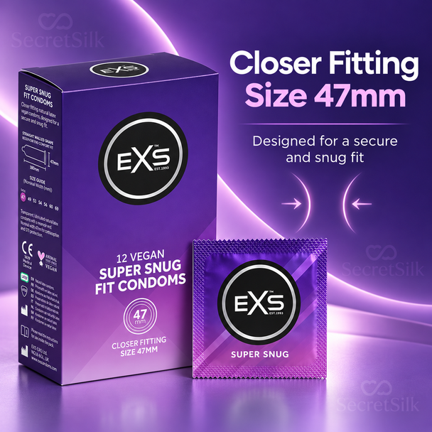 Exs Super Snug Fit Condoms 47mm Width Box of 12 | Smaller Size Tighter Trim Close