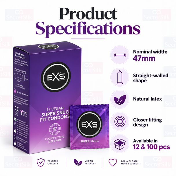 Exs Super Snug Fit Condoms 47mm Width Box of 12 | Smaller Size Tighter Trim Close