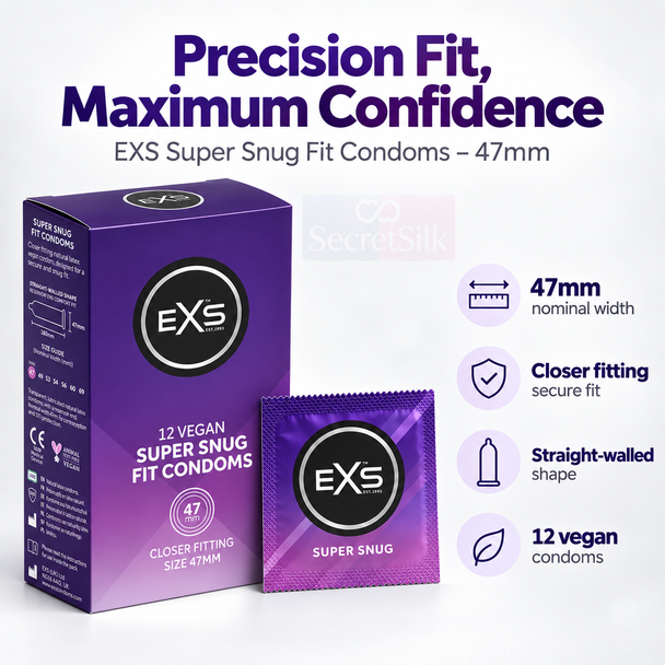 Exs Super Snug Fit Condoms 47mm Width Box of 12 | Smaller Size Tighter Trim Close