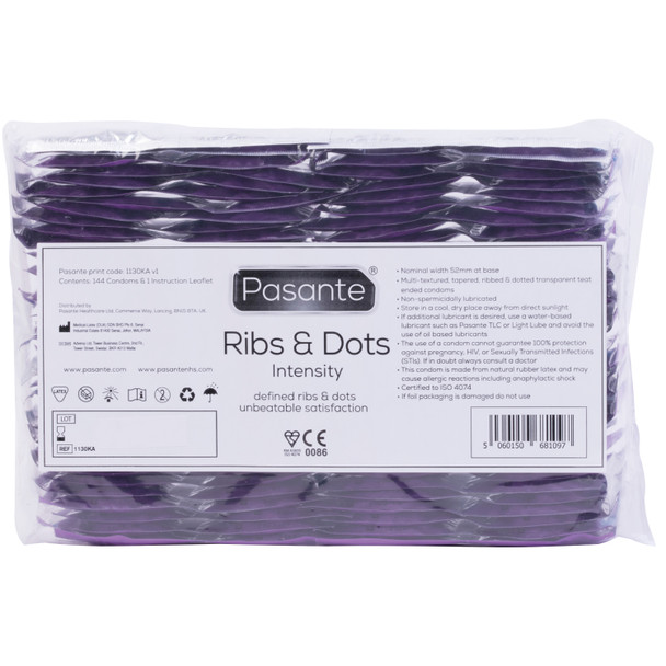 144 x Pasante Ribs & Dots Intensity Condoms | Ribbed Dotted | Bulk Wholesale Pack