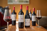 Bottle of Leopard's Leap Shiraz 2023 from the Western Cape, with  dark fruits, vanilla and cinnamon. Bottle of Shiraz next to glasses of red wine and a bottle of Merlot.